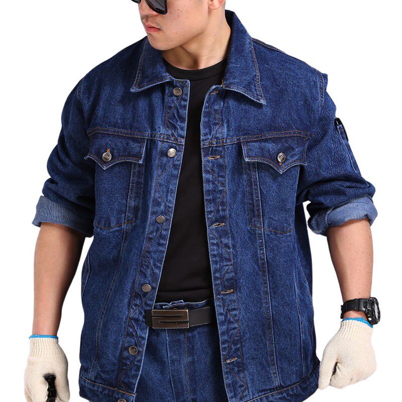 秋冬牛仔工作服套装男耐磨耐脏加厚防烫阻燃劳动工地电焊工劳保服