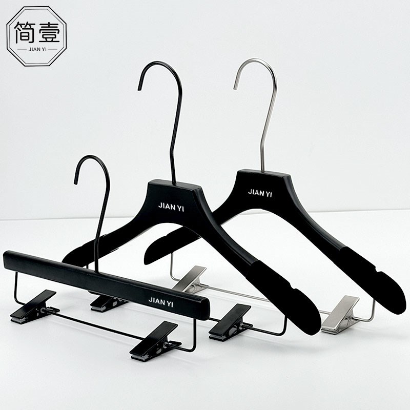 定制LOGO黑色实木衣架衣挂女服装店植绒木质衣撑裤夹银色长钩