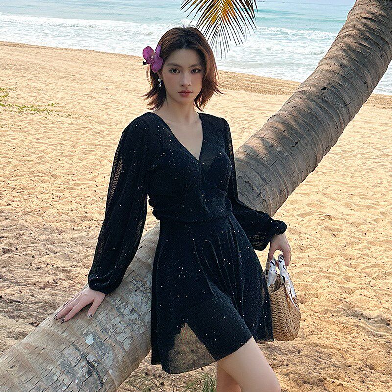 连体钢托聚拢泳衣女款大码长袖裙式带钢圈裙式温泉2024新款胖妹妹