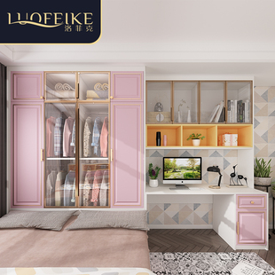儿童粉色榻榻米床衣n柜一体带电脑桌卧室衣帽间踏踏米床板式床定