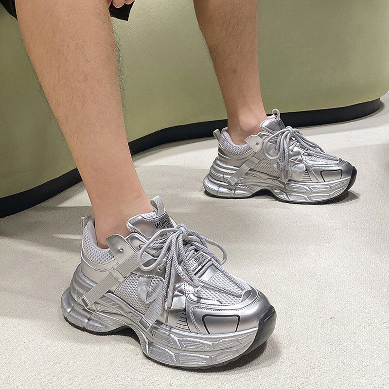 10CM内增高老爹鞋子男女情侣鞋高级感银色厚底爆款松糕运动鞋春秋