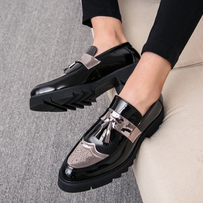 夏天男鞋亮面尖头小皮鞋发型师潮流休闲厚底鞋韩版学生内增高鞋子