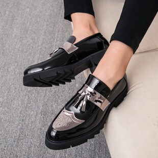 夏天男鞋亮面尖头小皮鞋发型师潮流休闲厚底鞋韩版学生内增高鞋子