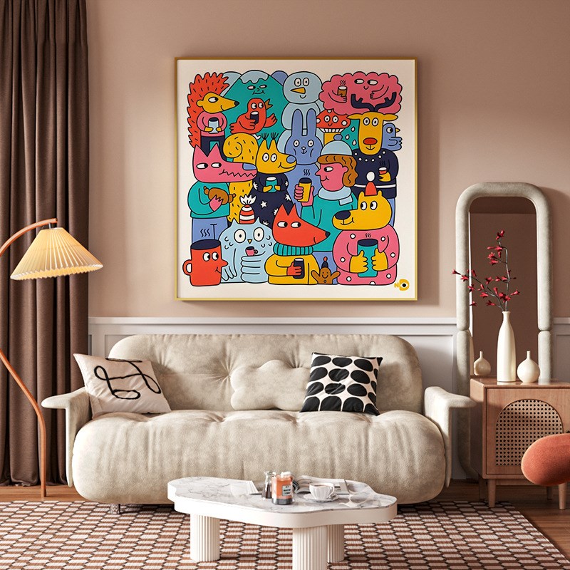现代客厅玄关挂画背景墙卧室床头装饰画卡通小动物儿童房方形壁画图片
