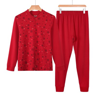 老年人红色秋衣秋裤套装女本命年保暖内衣福字开衫棉毛衫妈妈