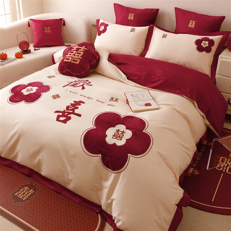 结婚女方陪嫁四件套全棉新婚庆红色欢喜花卉被套床单婚房床上用品