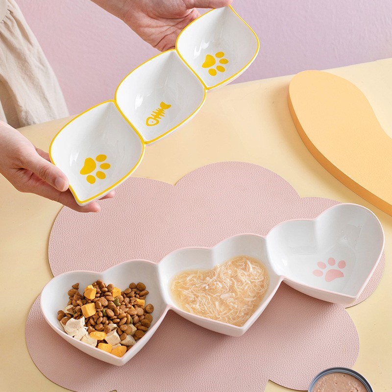 长条猫碗陶瓷三连碗猫食盆幼猫水碗猫粮碗猫饭盆宠物喂食碗零食碗