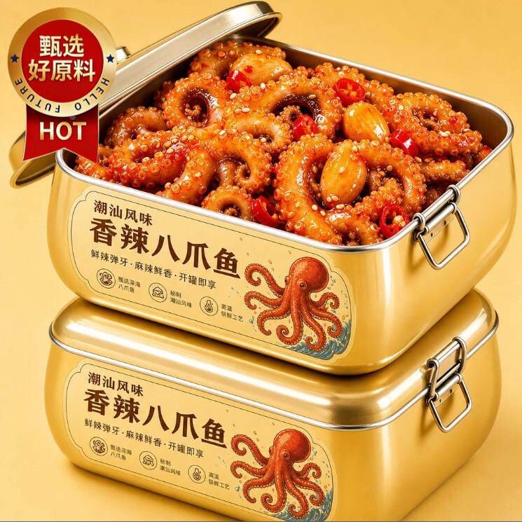 八爪鱼爆头小吃麻辣小海鲜熟食罐头生蚝鱿鱼扇贝虾尾海味零食礼包