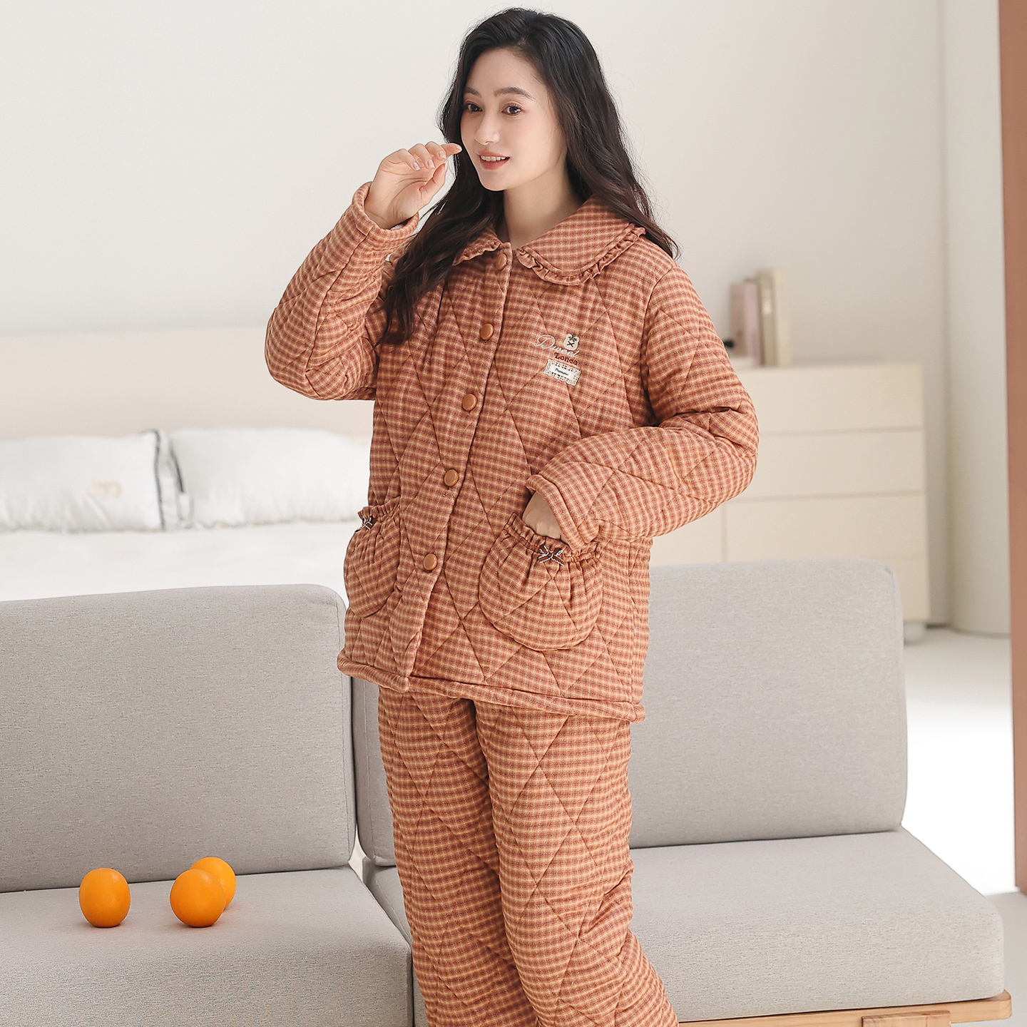 樱伴睡衣女冬季三层夹棉加厚保暖