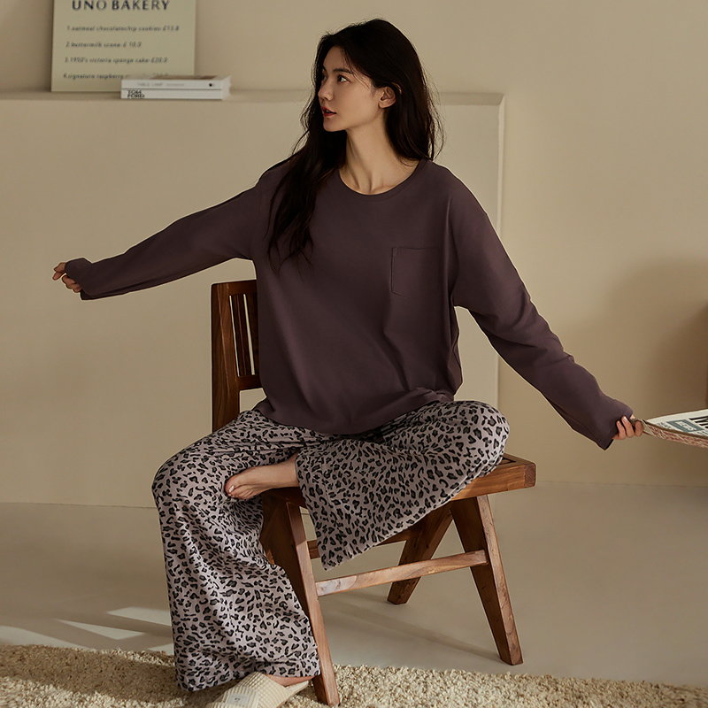 豹纹睡衣女春秋长袖长裤纯棉圆领