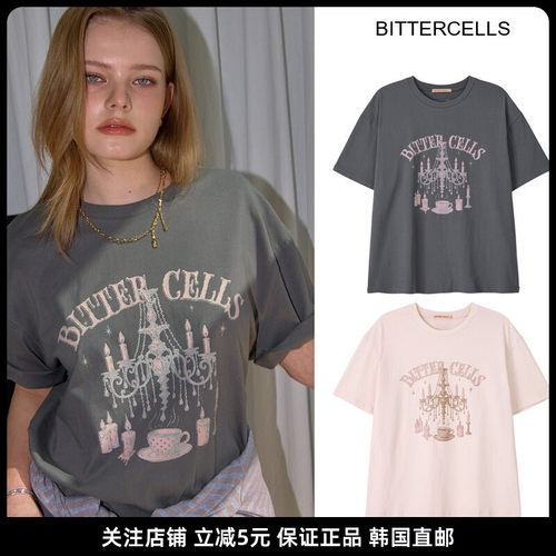 韩国代购直邮BITTERCELLS复古灯饰蜡烛印花短袖T恤女宽松圆领全棉