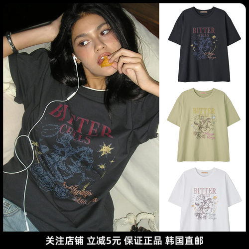 韩国直邮女子复古玫瑰短袖T恤