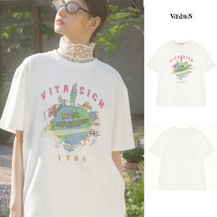 韩国代购直邮 VITALSIGN卡通印花短袖T恤女白色宽松显瘦百搭上衣