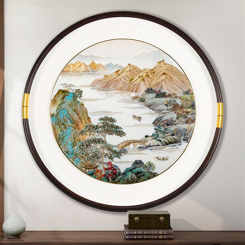入户玄关圆形铜雕装饰画走廊楼梯过道壁画中式客厅餐厅手工灯光画图片
