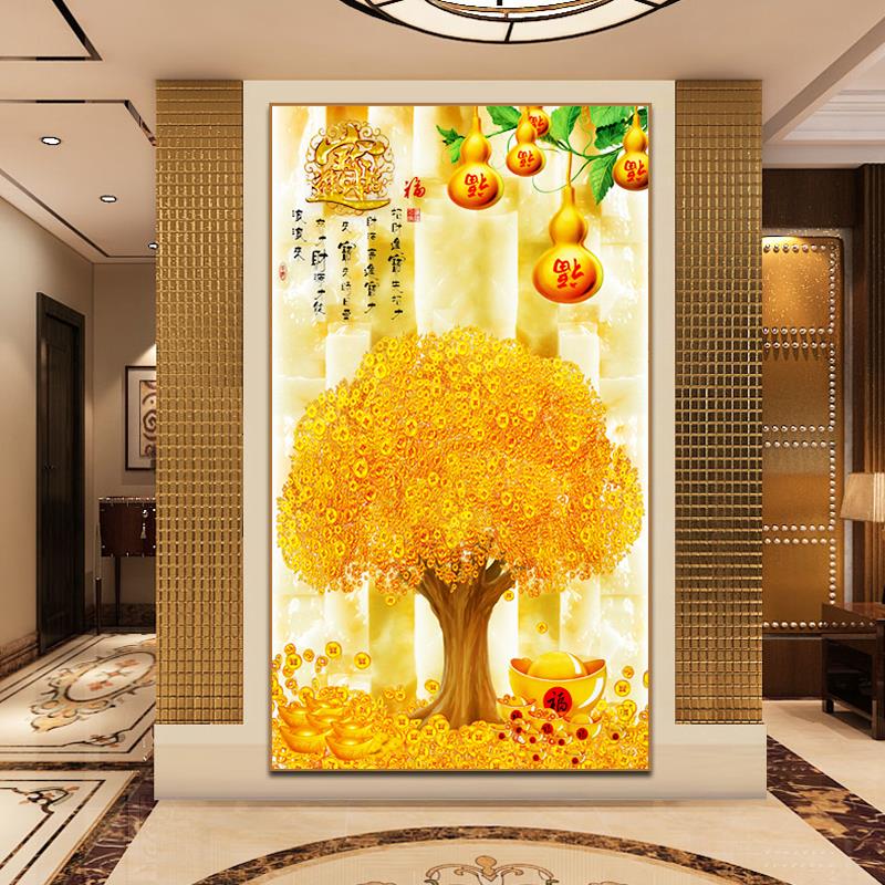 5d钻石画2024年新款满钻摇钱树玄关竖版砖石十字绣2025客厅中国风