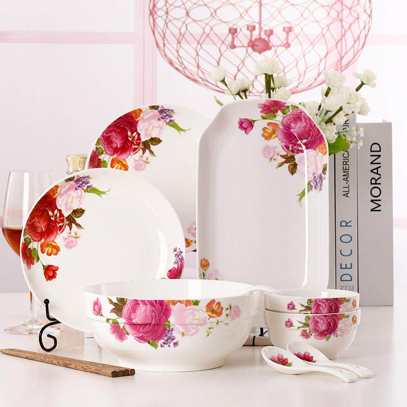 景德镇陶瓷餐具9件套装 家用简约菜盘子创意米饭碗筷勺组合微波炉