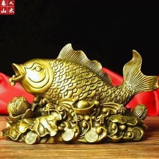 纯铜连年有余 余鲤鱼吉祥物 鲤鱼跃莲台摆件 年年有鱼铜鱼招财摆