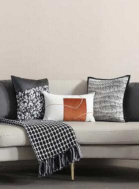 现代中式沙发抱枕样板房客厅别墅床头靠垫靠枕橙色拼接腰枕方枕套