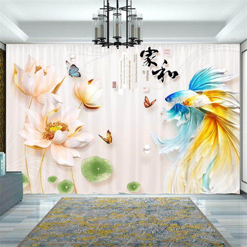 新中式荷花窗帘遮光2025新款山水风景画卧室客厅隔断帘落地窗纱帘