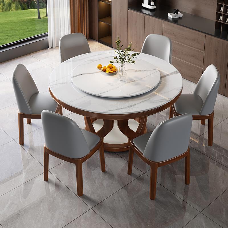 实木岩板餐桌客厅家用现代简约圆桌带转盘轻奢高级感饭厅吃饭桌子