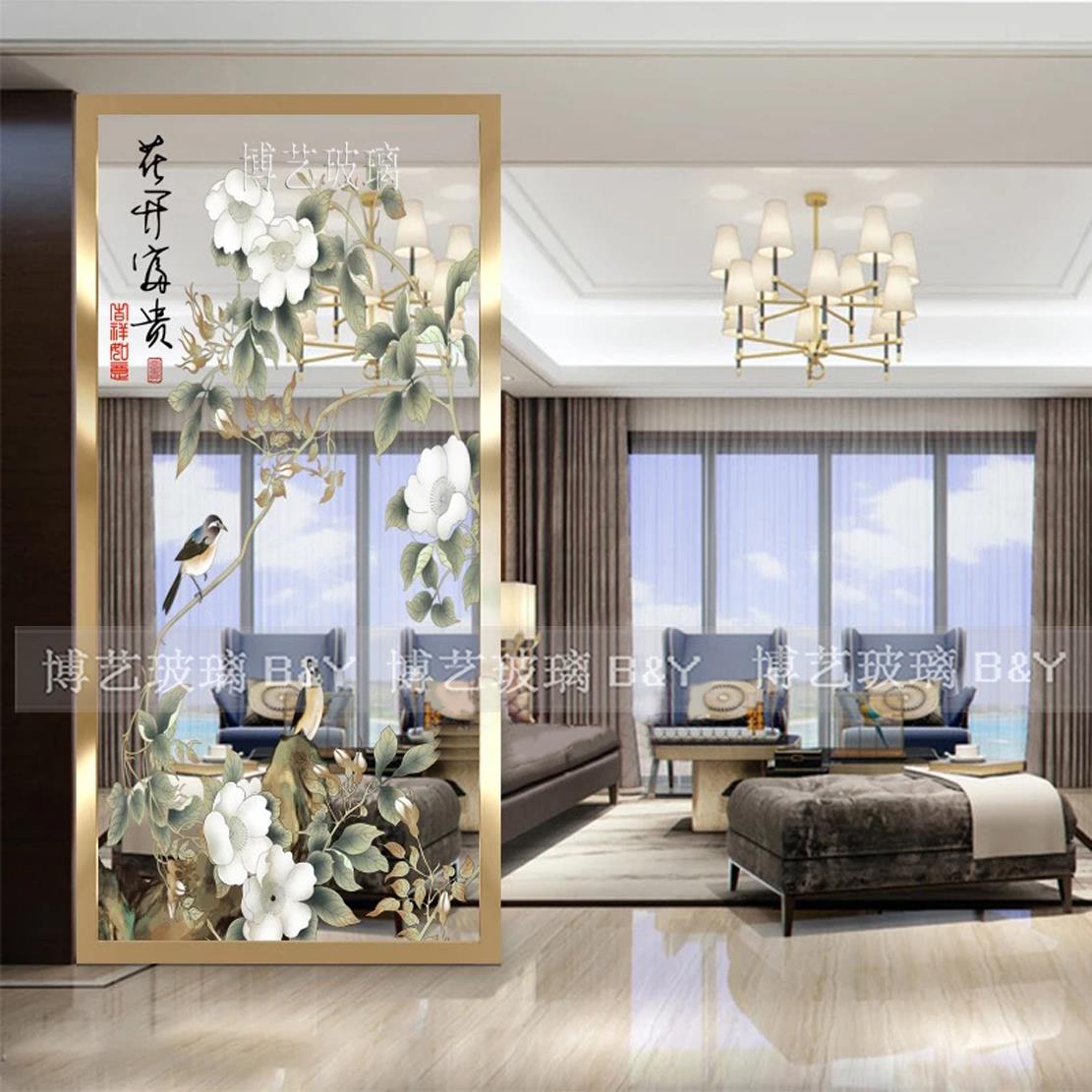 上海艺术玻璃玄关隔断屏风新中式花鸟新古典鞋柜移门双面雕刻立体