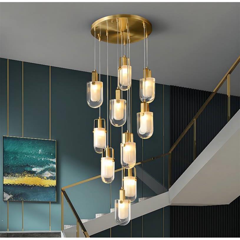 2025新款全铜灯具欧美覆式别墅旋转楼梯间轻奢创意大厅水晶长吊灯