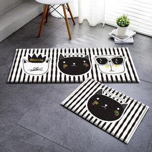 黑白条纹猫北欧时尚卡通吸水地垫 客厅卧室进门脚垫 浴室床边地毯