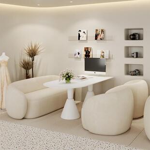 影楼选片区沙发休息接待奶油风婚纱店洽谈美容院桌椅组合套装