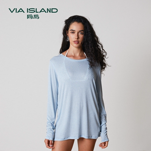 休闲宽松上衣 T恤女2025秋新款 VIA ISLAND向岛天丝羊毛圆领长袖