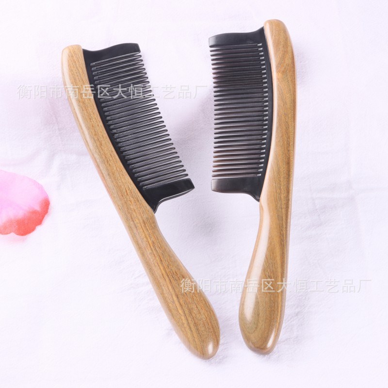 天然绿檀木梳子榫卯拼接牛角按摩梳家用鼓柄加厚绿檀木梳