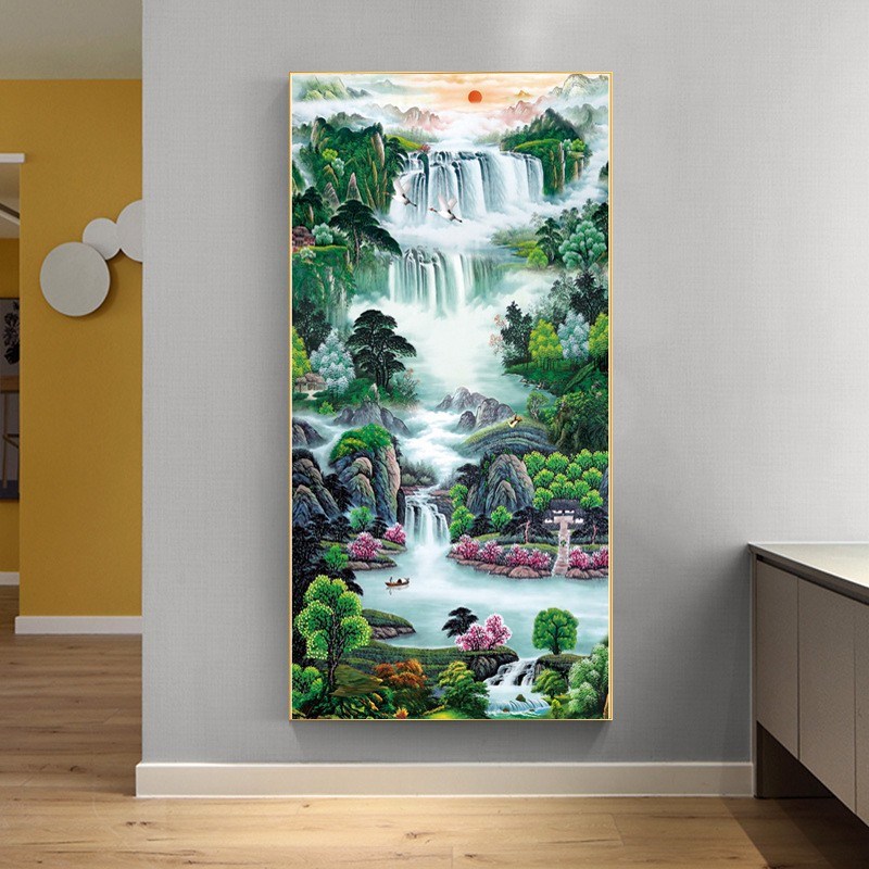 5d钻石画满钻新款客厅入户玄关流水瀑布山水风景贴钻十字绣钻石绣