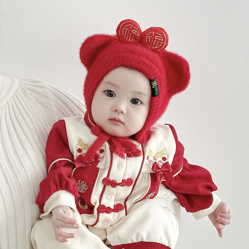 兔七宝婴儿帽子秋冬季红色护耳帽