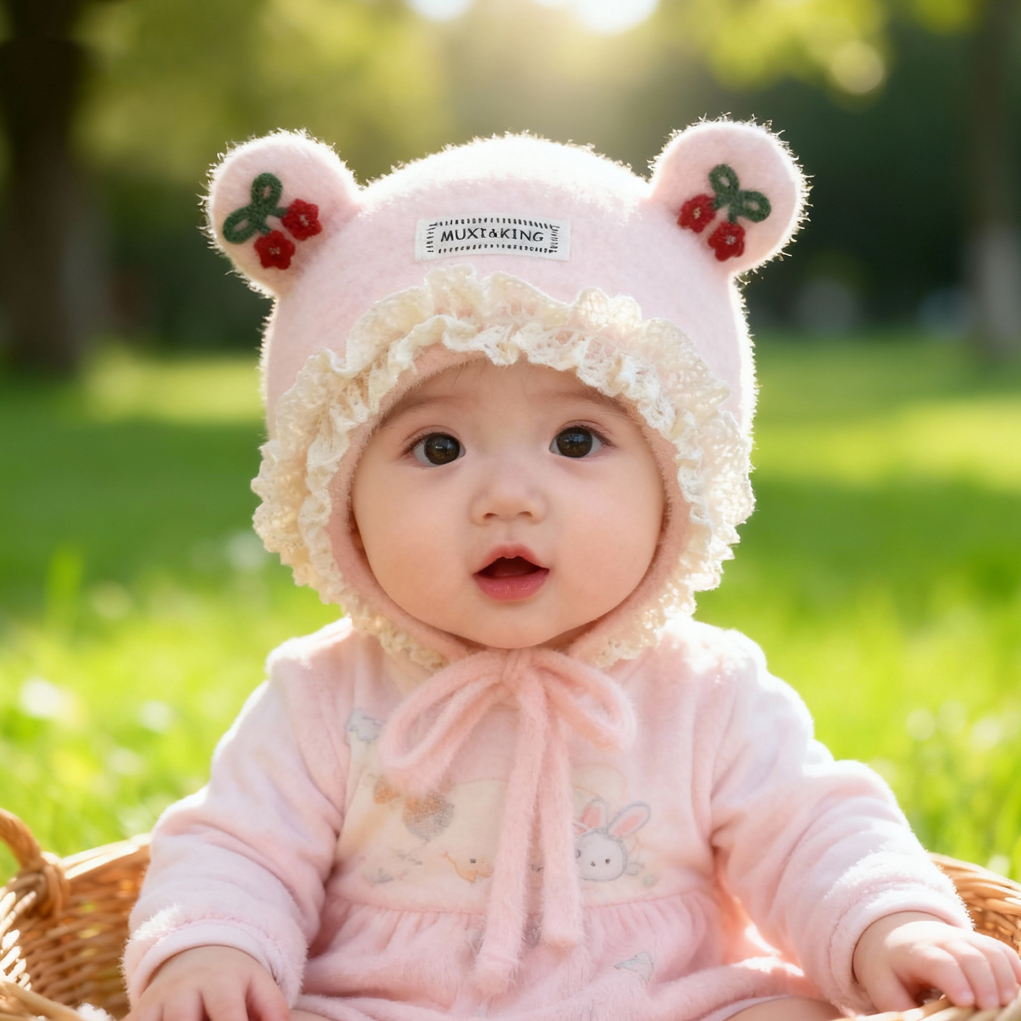 彼彼熊毛线帽针织帽小樱桃设计冬