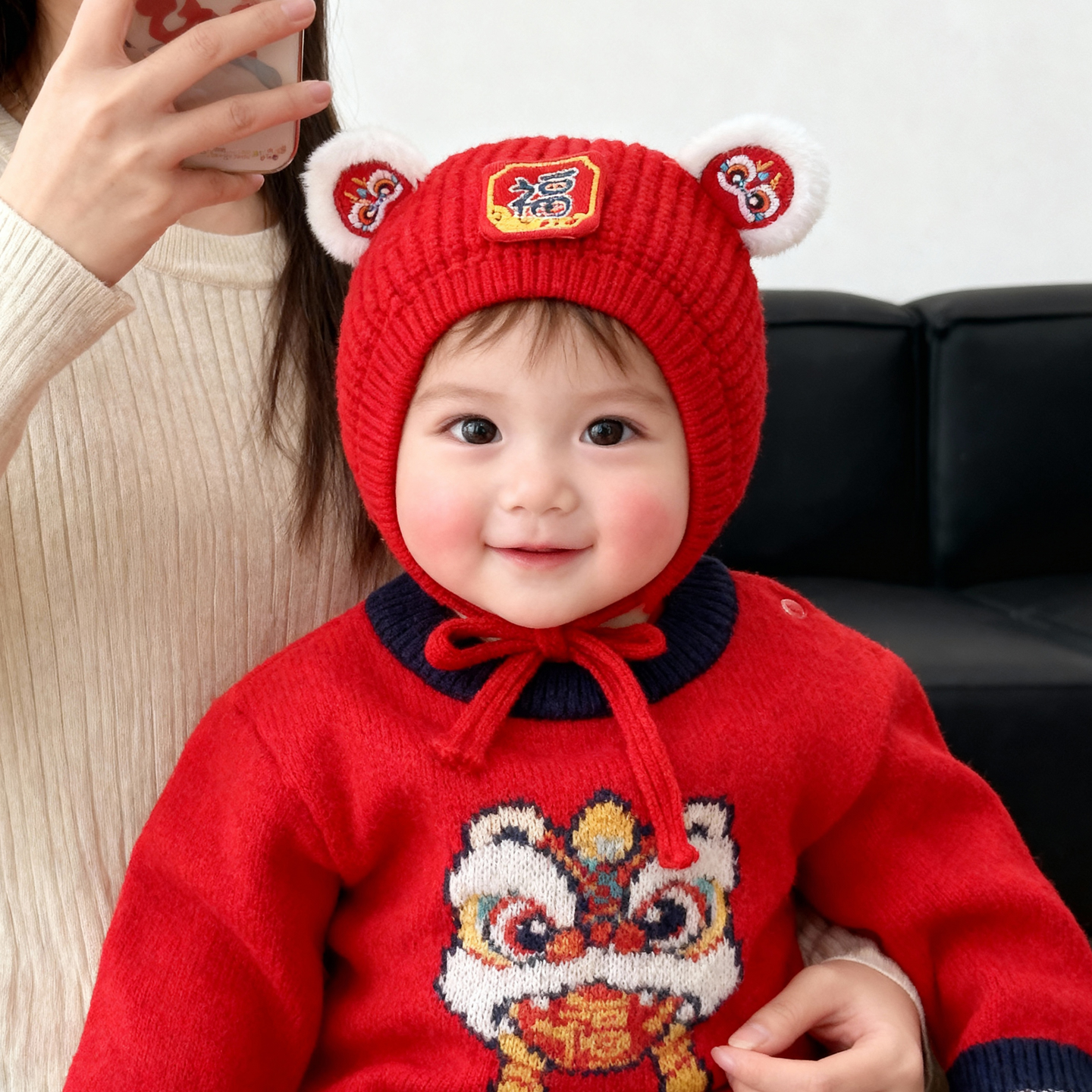 兔七宝婴儿帽子秋冬季红色护耳帽