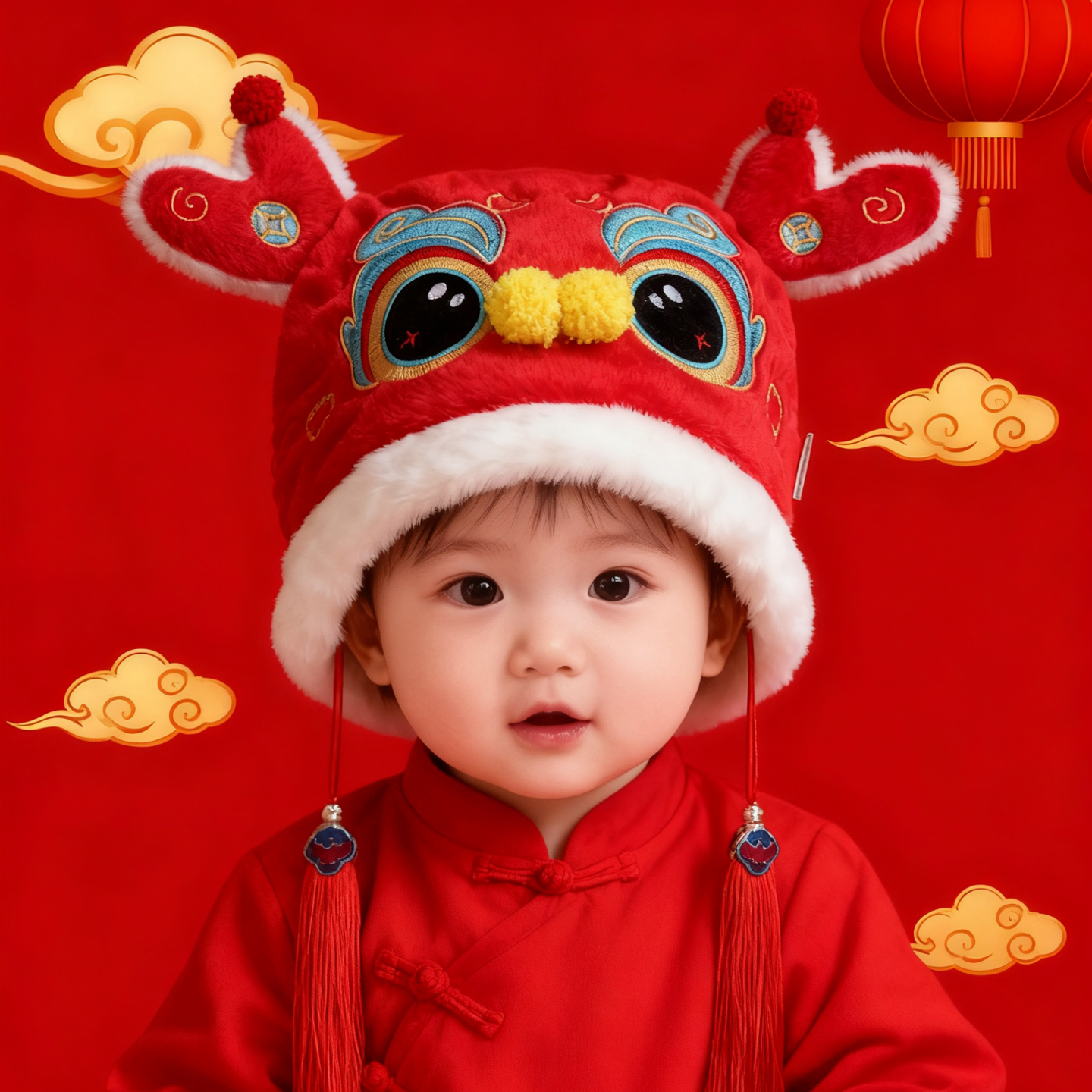 兔七宝毛绒帽护耳帽醒狮设计洋气