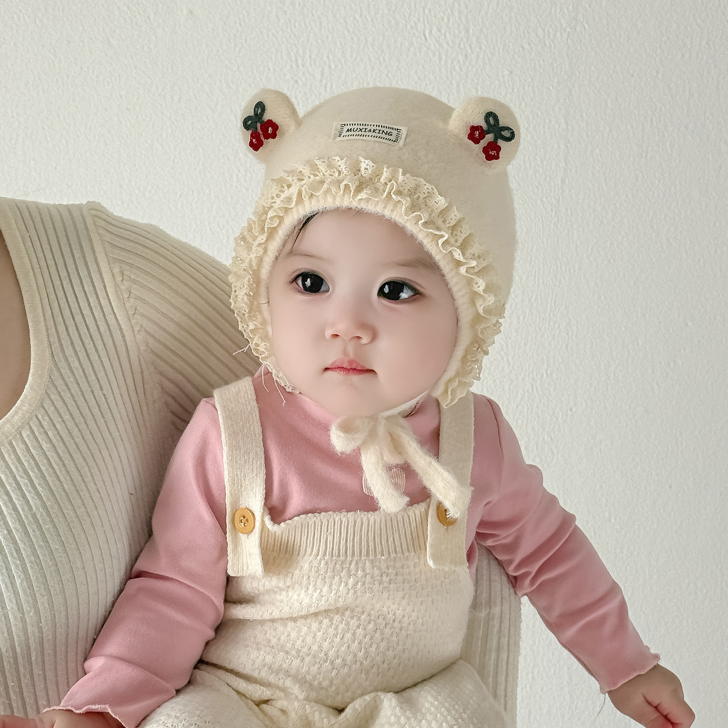 彼彼熊毛线帽针织帽小樱桃设计冬