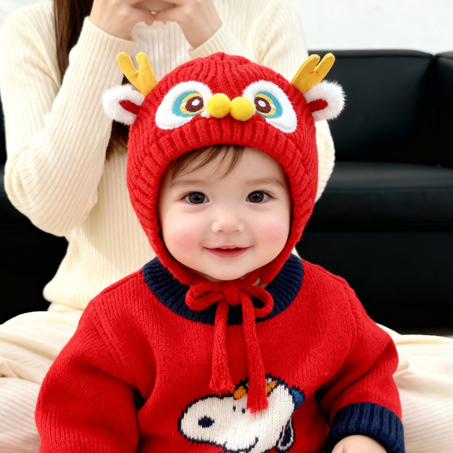 兔七宝婴儿帽子秋冬季红色护耳帽