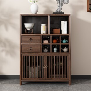 新中式乌金木博古架多宝阁置物架实木展示收纳矮柜茶室茶叶茶水柜