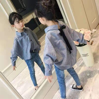 女童格子衬衫长袖2023新款春秋装大童洋气宽松衬衣学院风立领外套