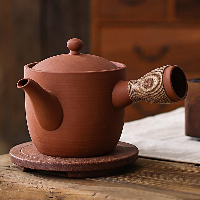朱泥粗陶煮茶器陶壶纯手工日式家用养生侧把烧水壶炭炉砂铫电陶炉