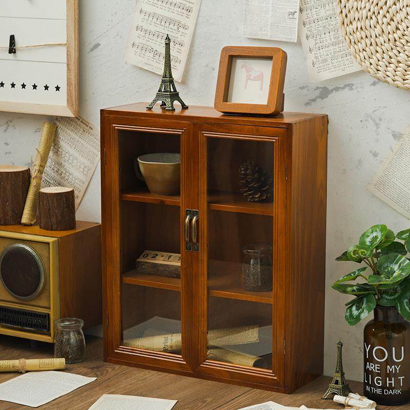 桌面收纳盒木质玻璃储物柜多功能家用实木多层化妆品整理盒复古风,收纳整理,收纳柜,淘宝优惠券,粉丝福利购,淘宝优惠卷