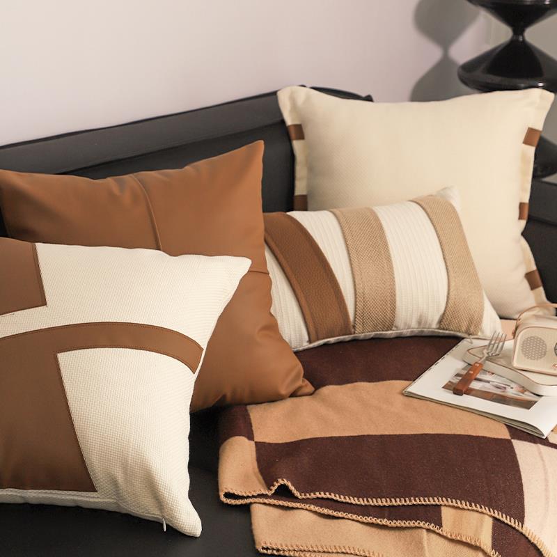 轻奢皮革拼接咖调抱枕套不含芯方枕靠垫客厅沙发靠枕靠垫抱枕