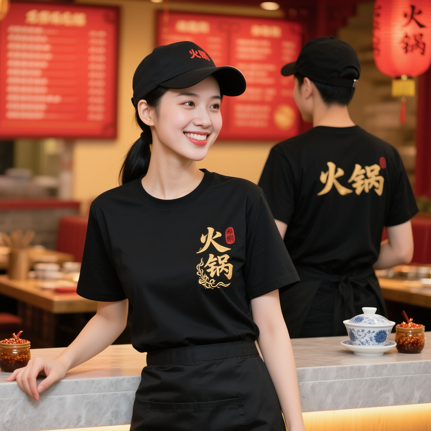 火锅店工作服女短袖酒店制服饭厅服务员餐饮纯棉圆领T恤工装制服