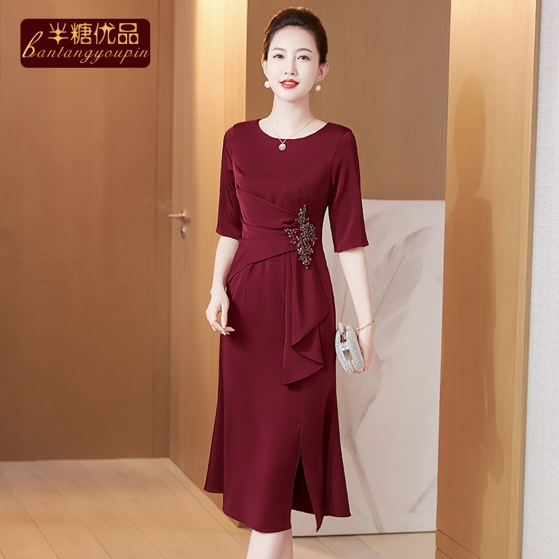 新娘妈妈婚宴礼服适用酒红色中长款包臀裙高贵中老年 适用于婚礼