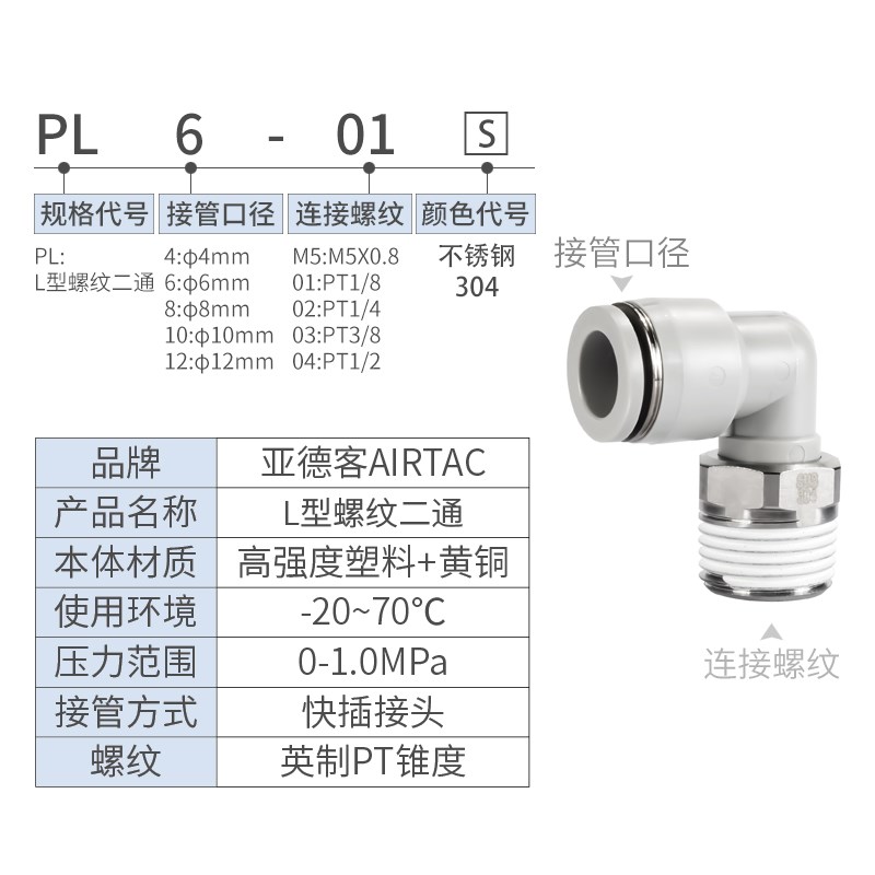 亚德客304不锈钢气管快速快插接头PL8-02/4-M5/6-01/1003螺纹弯头