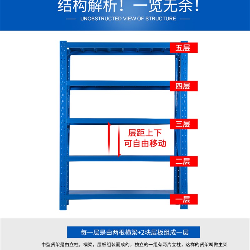 凌奥仓储仓库货架置物架多层储物架三层五层家用多功能储藏铁架子