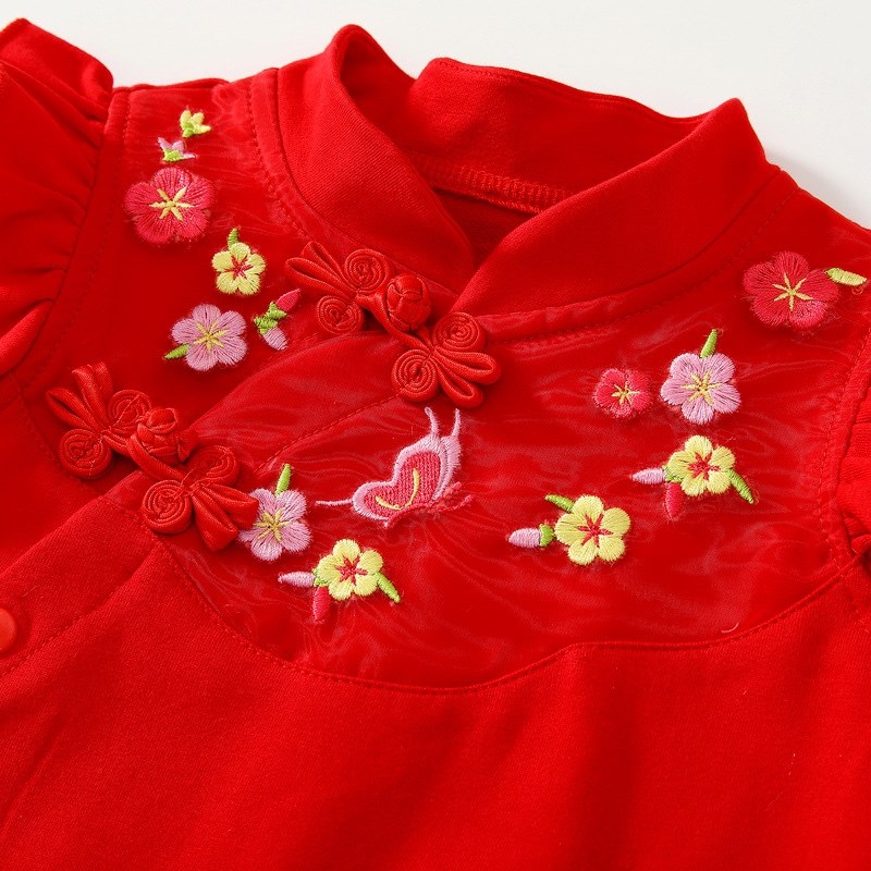 百天宝宝衣服中式短袖新生儿红色连体衣婴儿满月服女宝周岁礼服夏