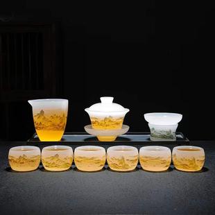 家用轻奢山水盖碗公杯现代中式 琉璃千里江山功夫茶具套装 整套茶具