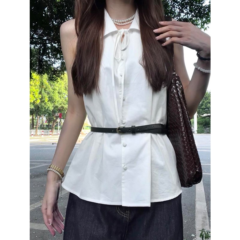 v领白色无袖挂脖衬衫女夏季宽松设计感小众别致法式修身背心上衣