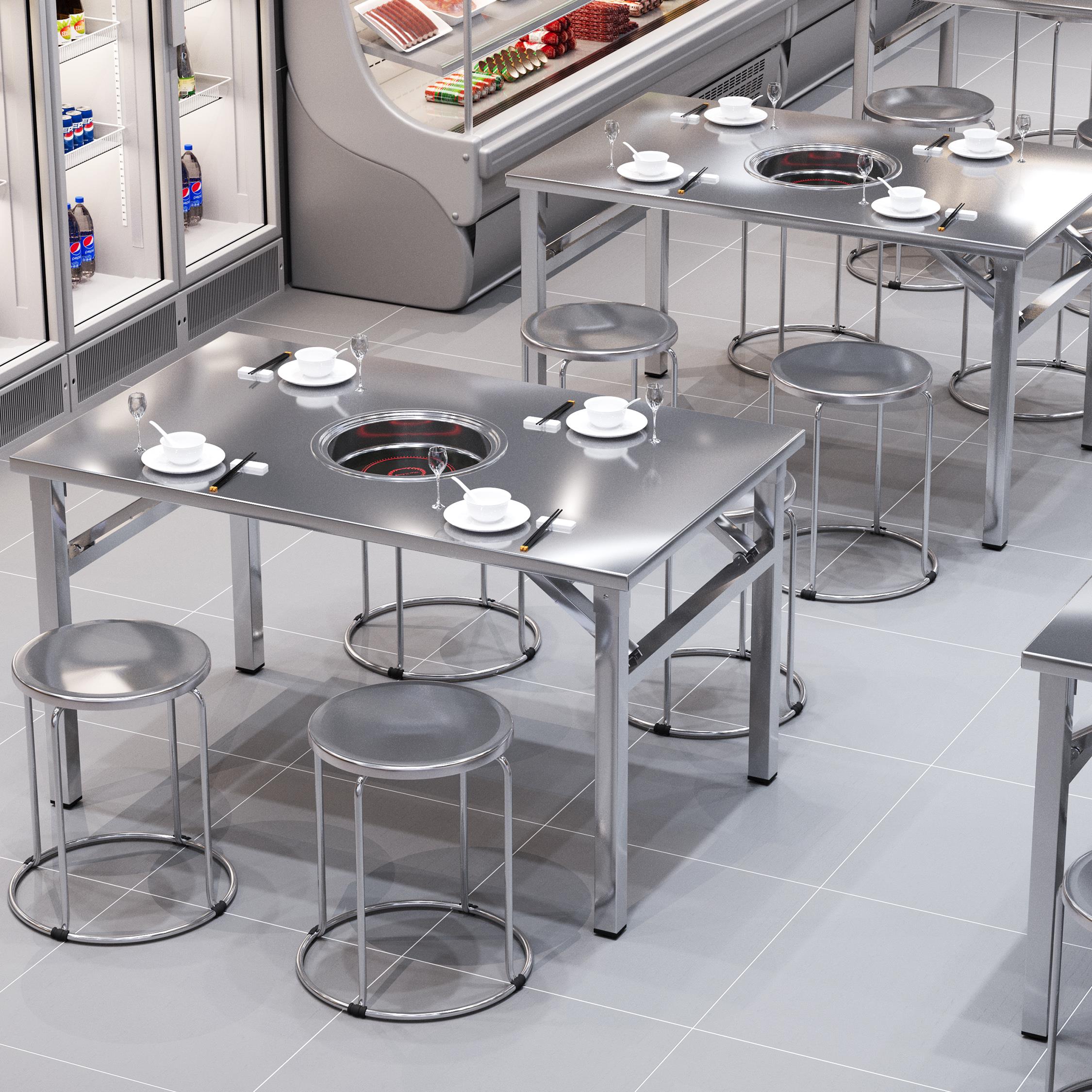 加厚不锈钢火锅电磁炉一体钻孔圆桌户外摆摊商用打边炉折叠餐桌